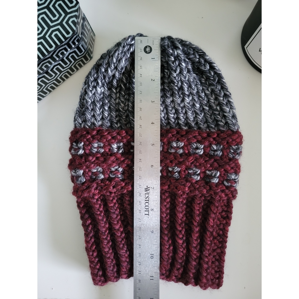 Two-Tone Waffle-Base Knit Beanie - Charcoal/Burgundy (Handmade) - Picture 10 of 12